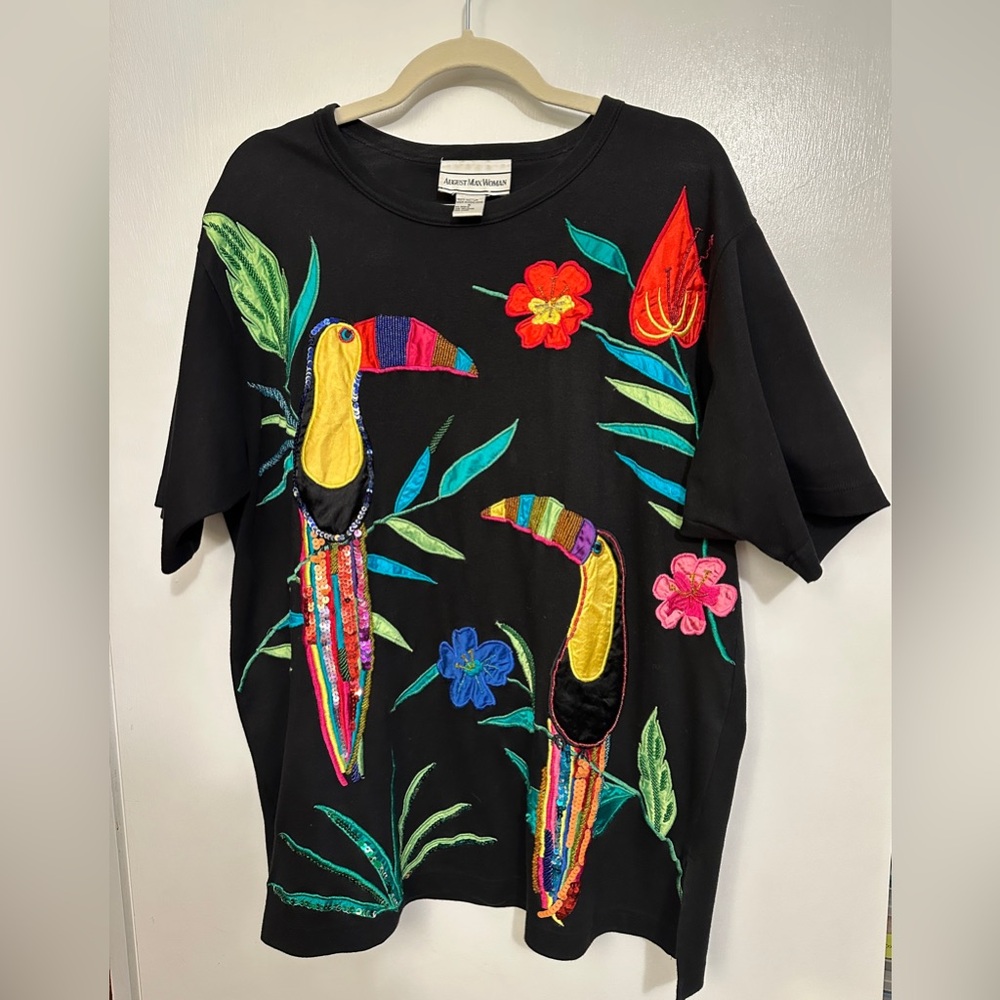 Vintage August Max Woman Size X Tucan Floral Shirt Beading Embroidery Sequins